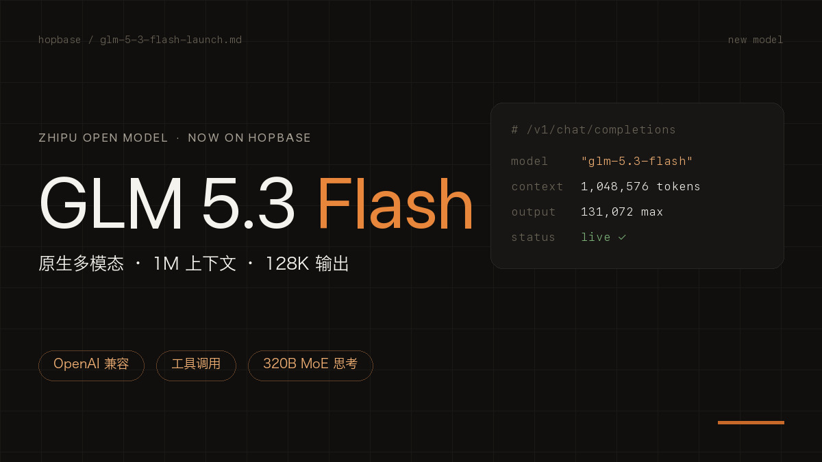 GLM-5.3-Flash API Access: CNY 0.80 / 2.80 List Price, 1M Context | HopBase