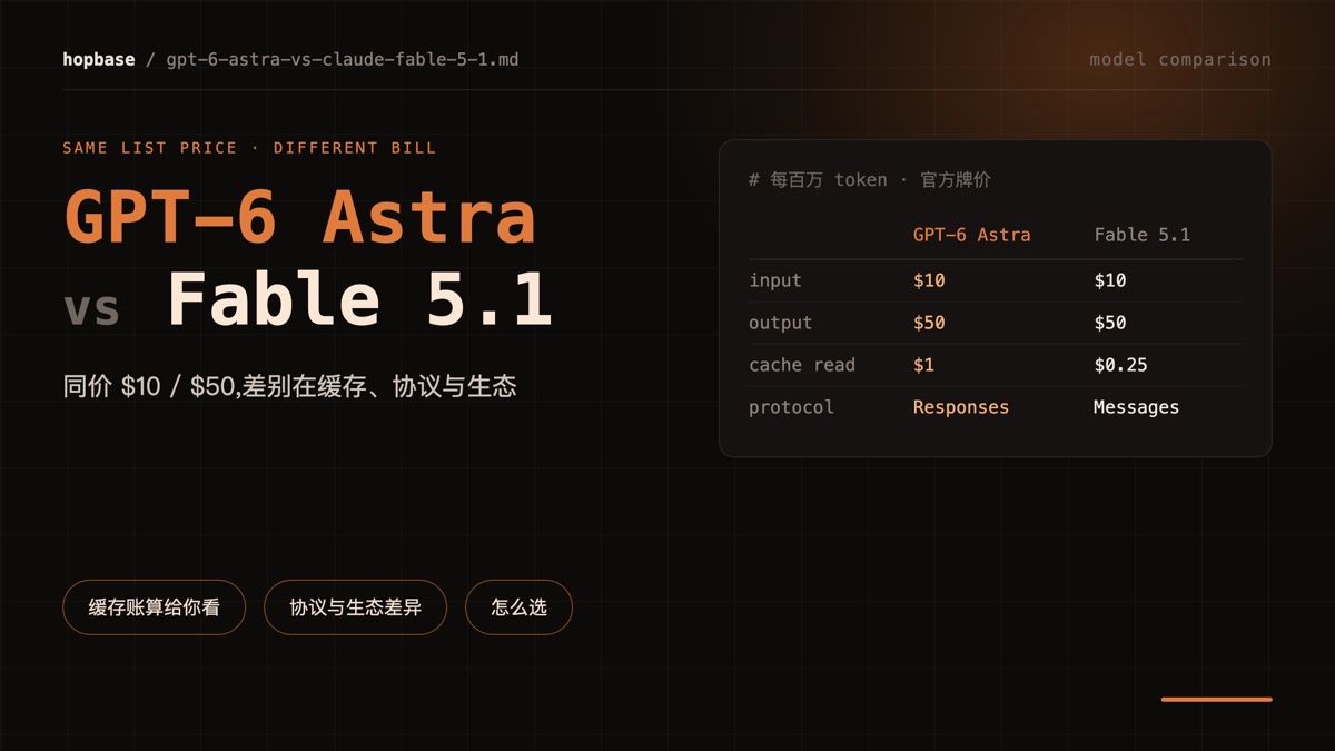 GPT-6 Astra vs Claude Fable 5.1:同價 $10/$50,差別在快取與協定 | HopBase