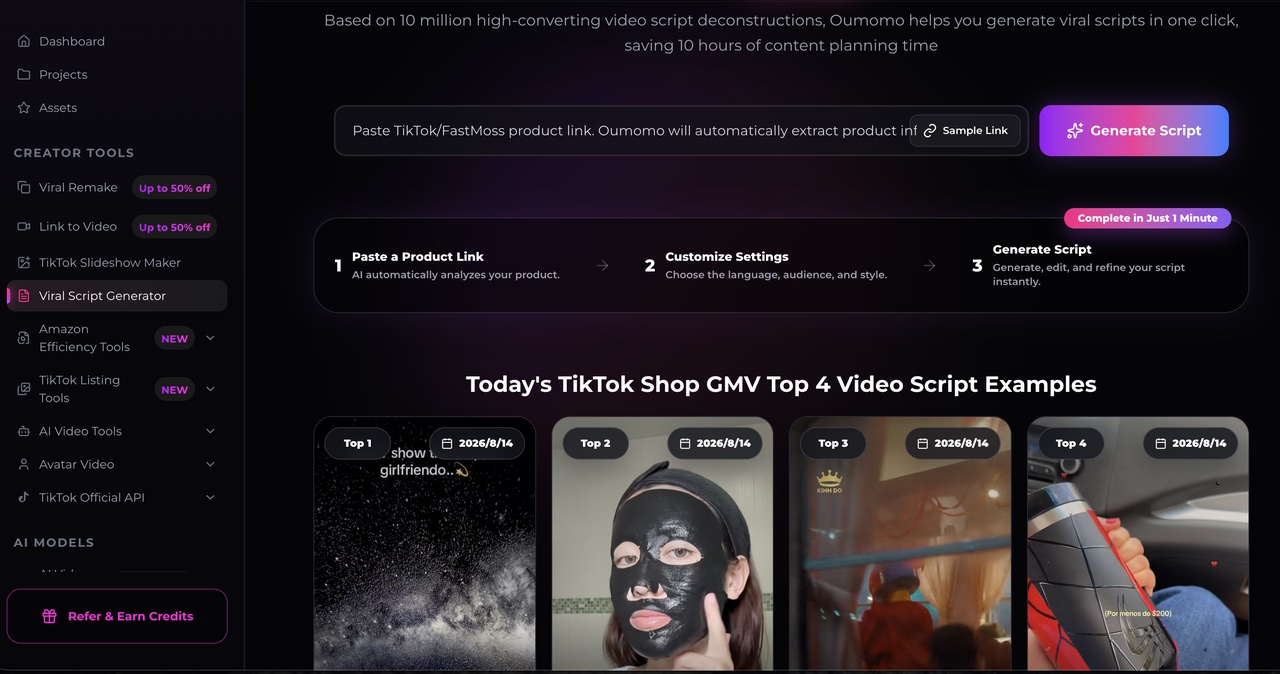 Oumomo Viral Script Generator: analyze a product link and generate TikTok ad scripts by audience, language and style