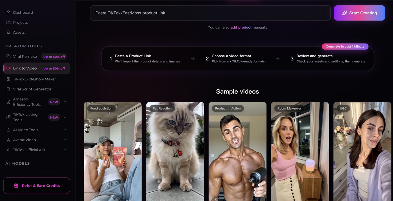 Oumomo URL to Video: paste a TikTok Shop or FastMoss product link and generate a shoppable video