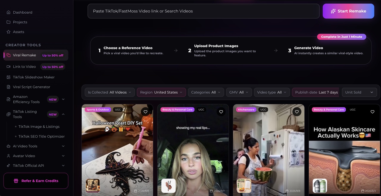 Oumomo Viral Remake: search viral TikTok videos by region, category and GMV, then remake them for your product