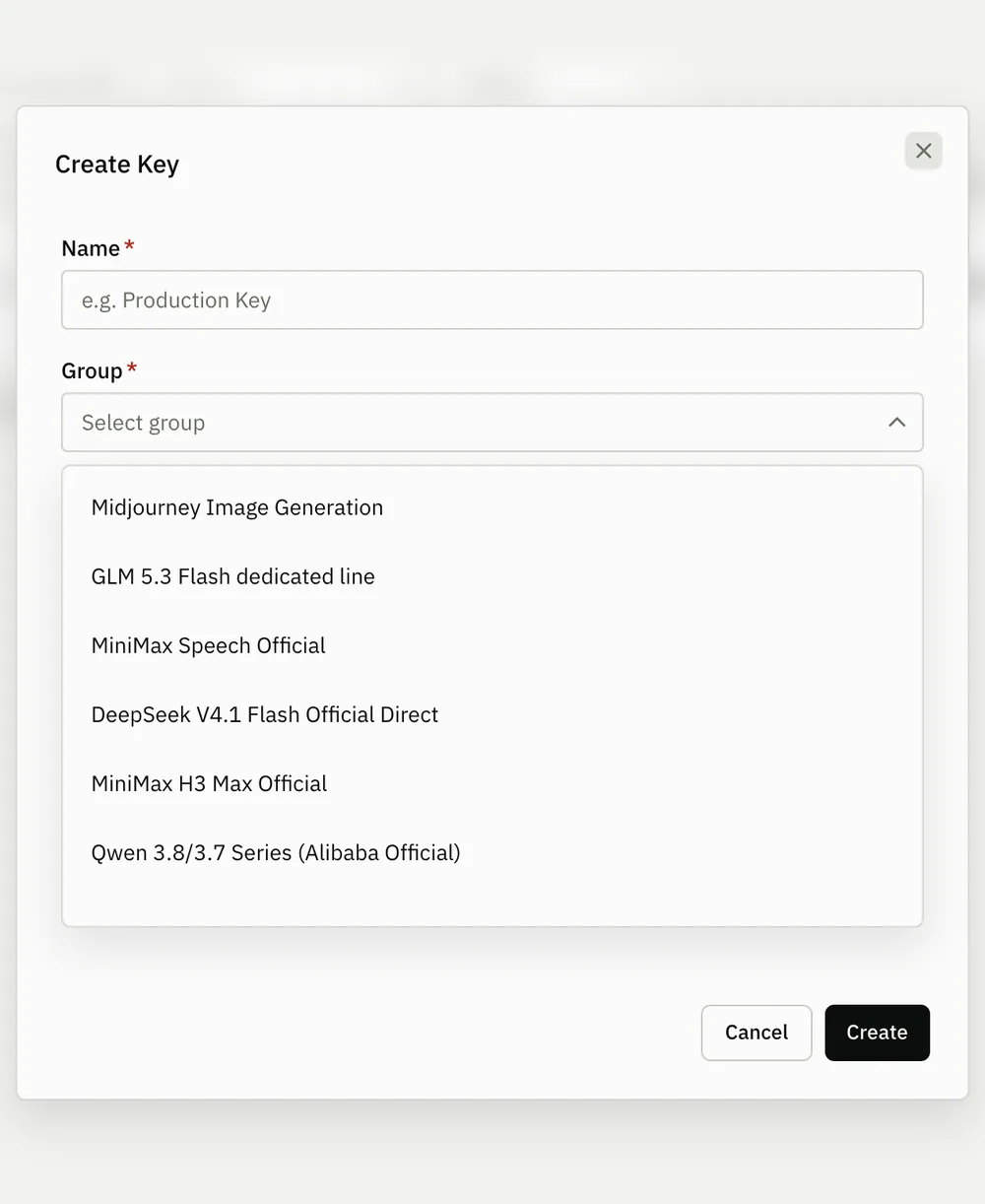 Create key dialog (console UI shown in Chinese) with the name field and model group menu open