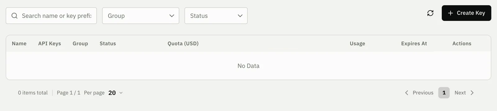 HopBase API Keys page (console UI shown in Chinese) with the Create Key button in the upper-right corner