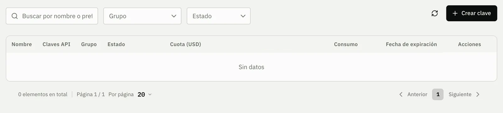 Página de Claves API de HopBase (interfaz de la consola en chino) con el botón Crear clave en la esquina superior derecha
