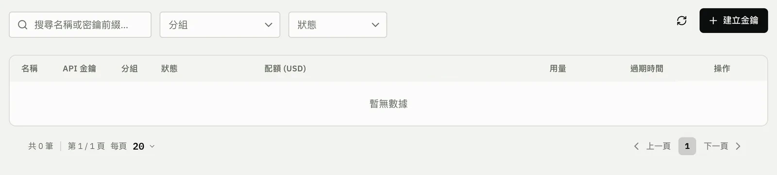 HopBase「API 金鑰」頁面，右上角顯示建立金鑰按鈕