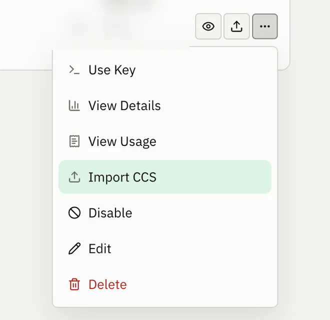 HopBase key row More menu (console UI shown in Chinese) with Import CCS