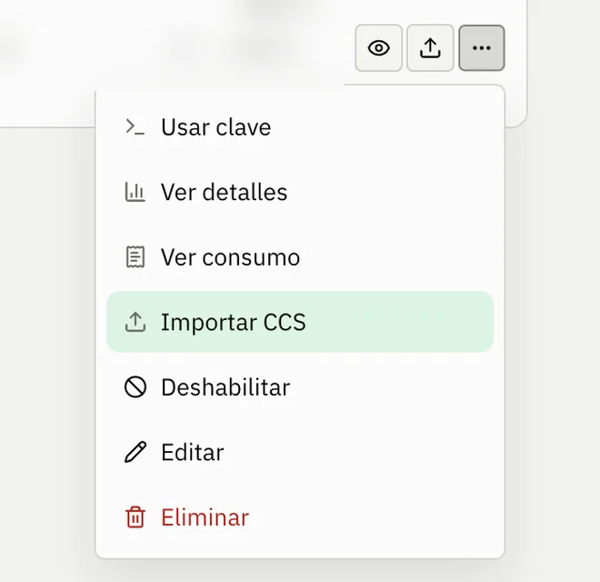 Fila de clave de HopBase (interfaz de la consola en chino) con el menú Más e Importar CCS