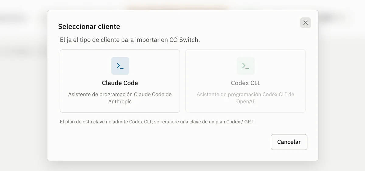 Diálogo de selección de cliente de HopBase (interfaz de la consola en chino) con las opciones Claude Code y Codex CLI