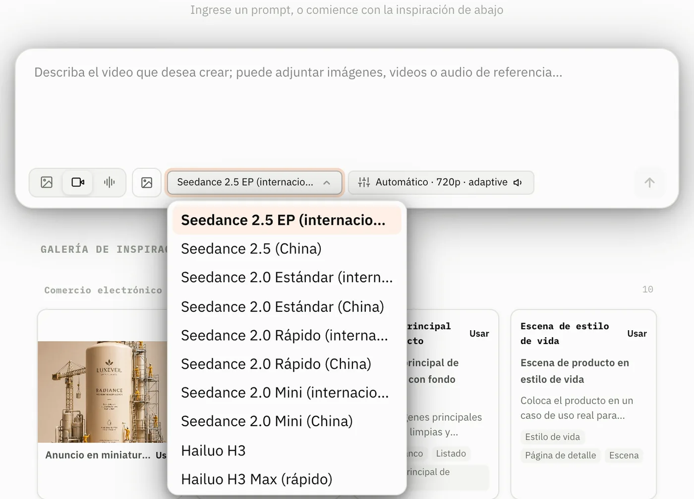 HopBase Estudio creativo en modo Video, con la interfaz en chino y el menú de modelos de video abierto junto al botón de duración, resolución y proporción